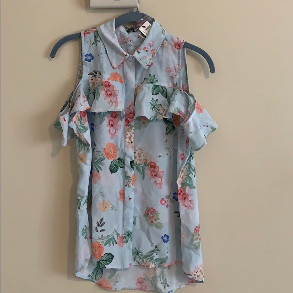 Flowered open shoulder button up